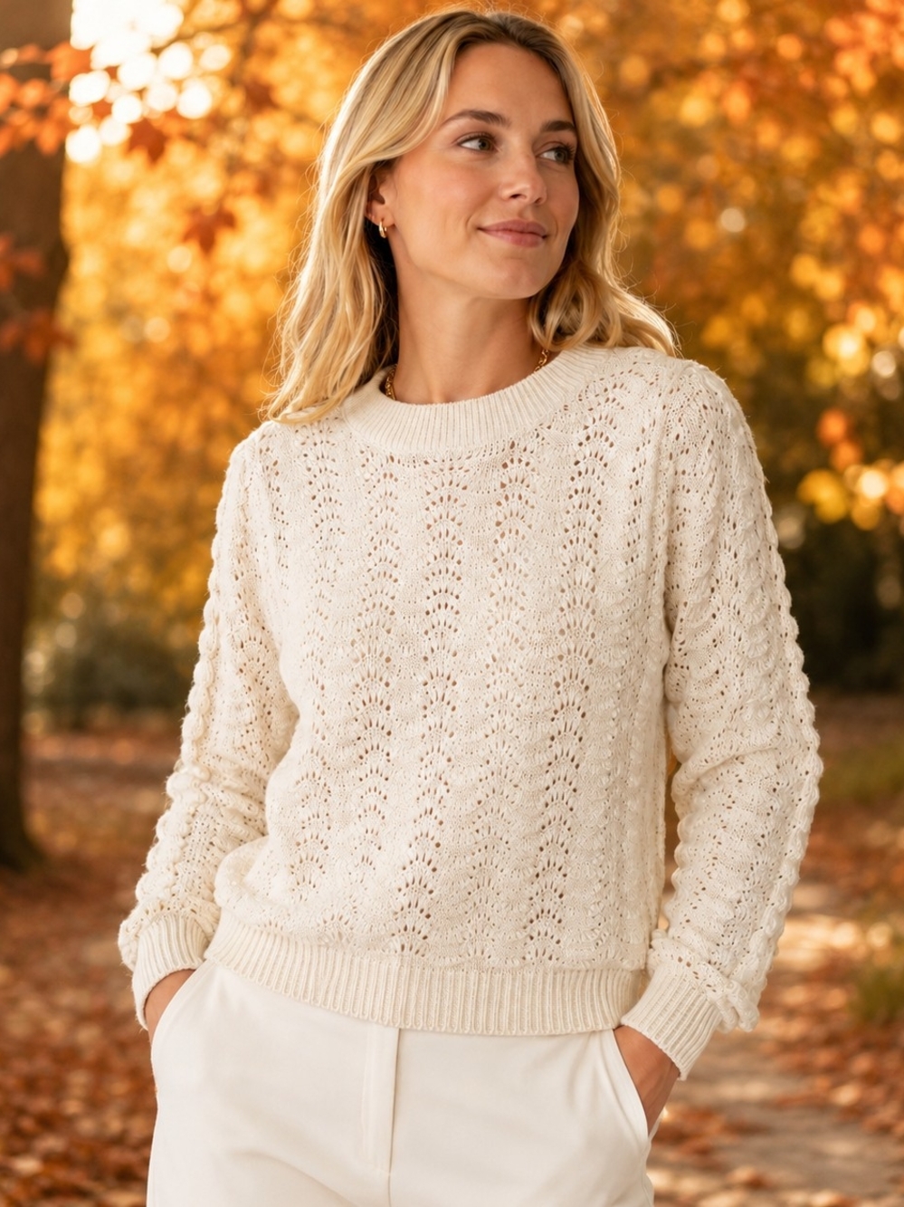 Mango Ivory Openwork Crewneck Sweater Sz L Pointelle Knit Romantic Boho
